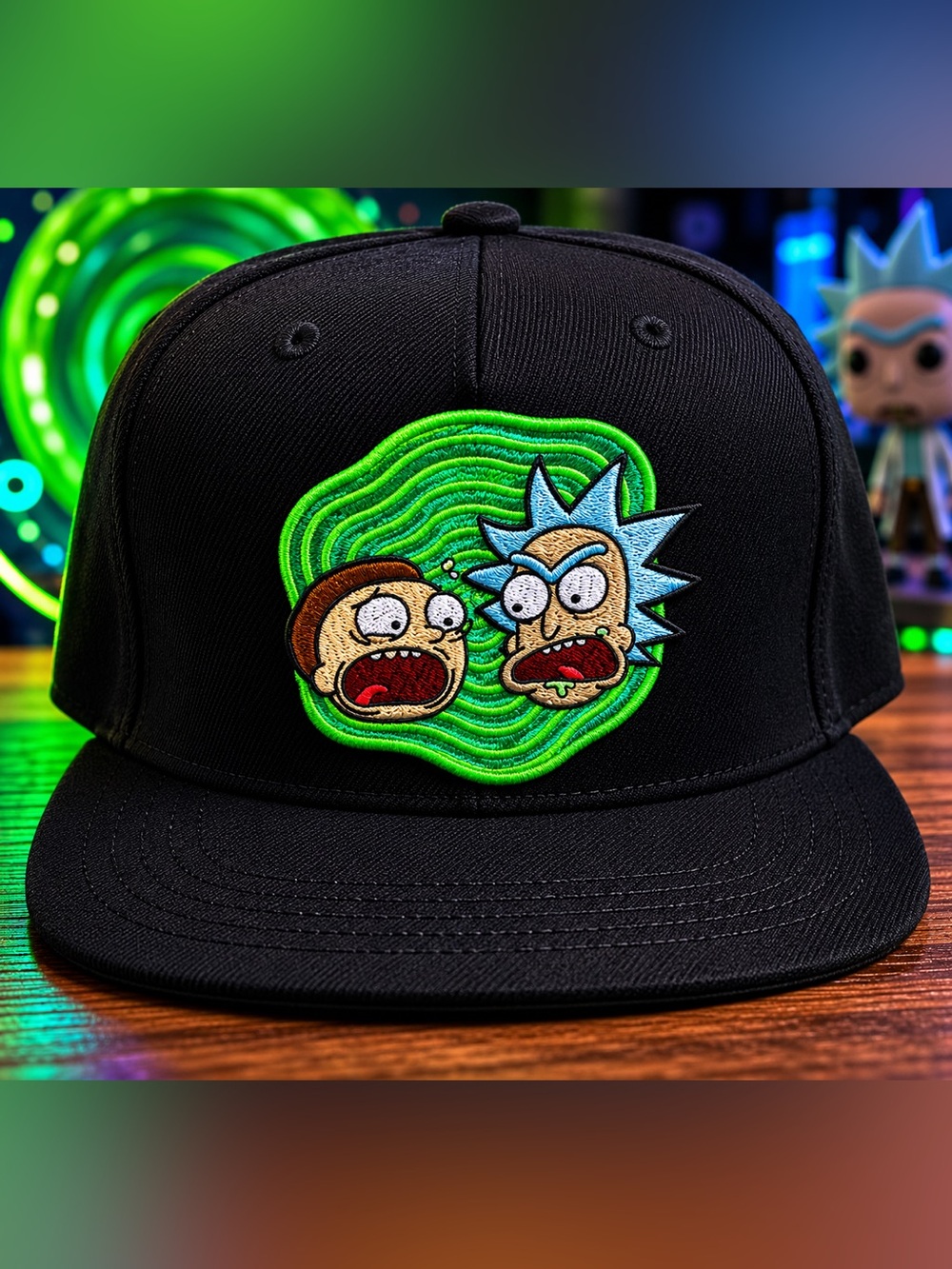 Bioworld Rick and Morty Black Snapback Hat with Neon Green Portal Patch